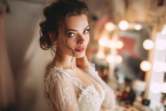 Stunning bride with styled hair and makeup awaits in her home on wedding morning preparing for her groom