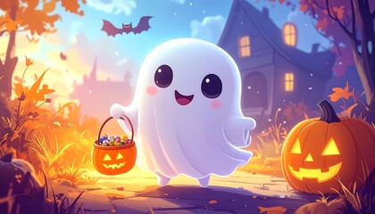 A friendly, cartoonish specter with a jack-o'-lantern candy basket approaches a glowing pumpkin on a fall path. Houses and a bat are in the distance