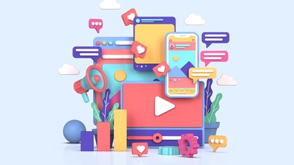 Colorful 3D icons float around video player on light blue
