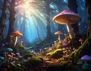 A vibrant, ethereal forest scene bathed in sunlight. Huge, colorful mushrooms dot a winding path through a mystical, moss-covered terrain