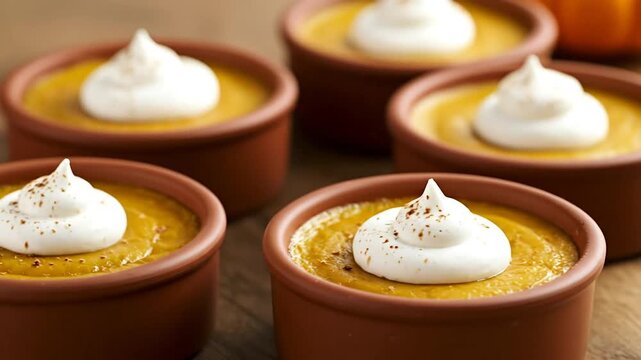 Pumpkin dessert with whipped cream in individual ramekins