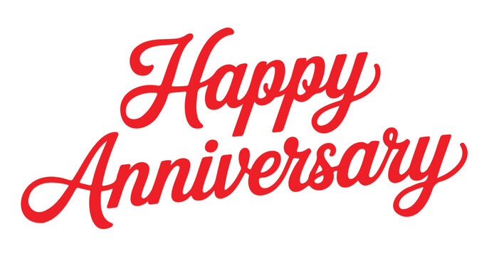 Vibrant red 'Happy Anniversary' text written in an elegant, flowing cursive script on a plain white background.