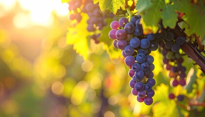 Close Up Of Purple Grapes Hanging On A Vine In A Vineyard During Golden Hour With Sunlight Streaming Through The Leaves