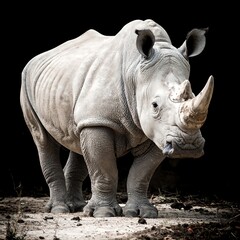 Fototapeta premium A starkly lit, majestic rhinoceros stands proudly. The grey-white animal dominates the frame, showcasing its large horn and textured skin against a black background