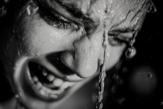 Monochrome images of a girl in the shower tears streaming She appears frantic with a grin Perspective