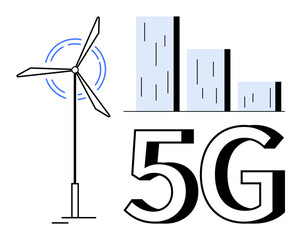 Wind turbine beside city skyline and bold 5G text. Ideal for renewable energy, smart cities, technology innovation, telecom, sustainable growth, future infrastructure, simple flat metaphor