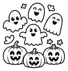 Halloween illustration with pumpkins and ghosts in black and white.