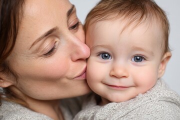 mother kissing her infant on a white surface