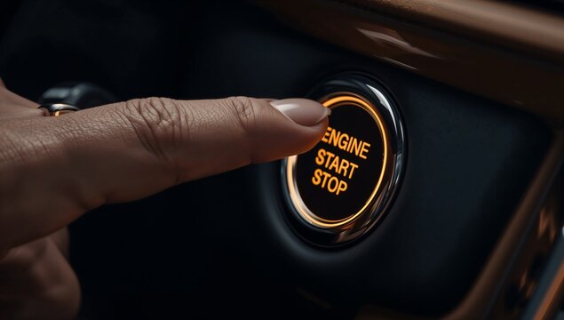 A driver's finger pushes the illuminated engine start stop button inside a car