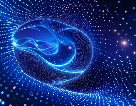 A glowing blue tunnel of light with flowing curves and shimmering dots