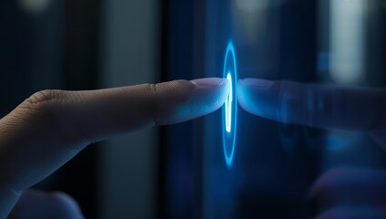 Close up of a human finger pressing a glowing blue circular button on a dark touch screen panel