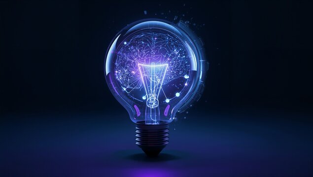 Abstract digital light bulb containing an illuminated neural network brain structure