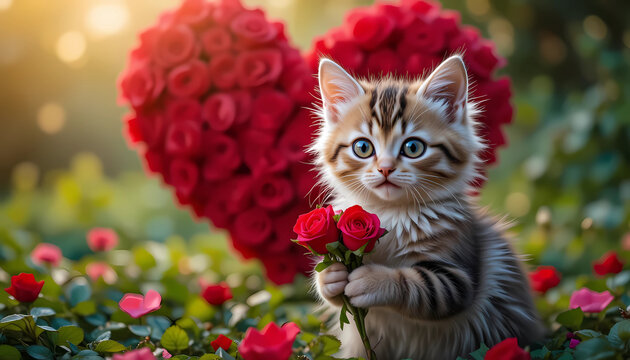 Adorable kitten holding red roses in a field with a heartshaped rose bush in the background