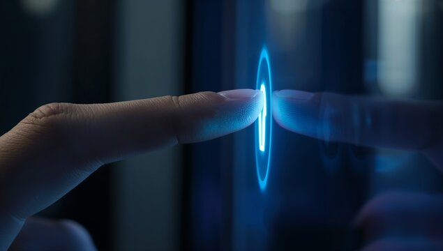 Close up of a human finger pressing a glowing blue circular button on a dark touch screen panel