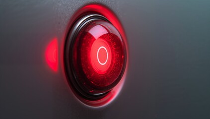 Futuristic robotic red glowing camera eye on a dark gray background