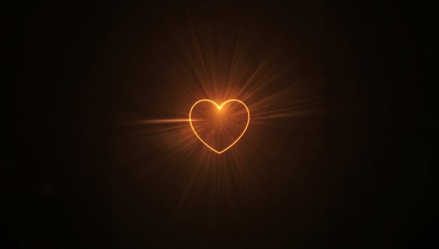 Glowing orange heart outline with bright light rays centered on black