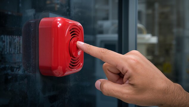 Hand presses red emergency fire alarm button on a dark wall - Powered by Adobe