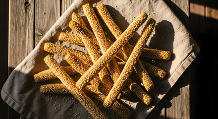 Close-up of sesame breadsticks on a wooden surface, natural light and food photography