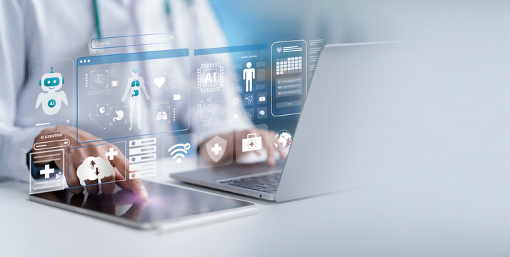 Medical technology and Medical Health Cloud data concept.  Doctor using AI technology to diagnose and physician reviews AI driven health data. Telemedicine. Healthcare Chatbot. medical assistance. - Powered by Adobe