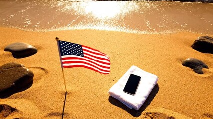 Patriotic Beach Day: American Flag, Phone, Towel, and Ocean Waves