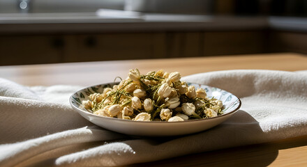 Close-up of dried jasmine flowers in a small bowl on a wooden surface