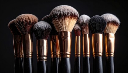 Collection of Professional Makeup Brushes with Rose Gold Ferrules and Black Handles Dusted with White Powder Against a Dark Background with Soft Studio Lighting