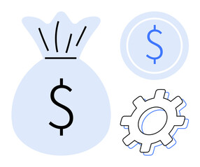 Money bag with a dollar sign, coin, and gear conveying themes of finance, savings, income, wealth, investment, business growth. Ideal for planning budgeting economic strategy financial success