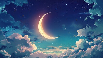 Fototapeta premium Dreamy crescent moon glowing in the night sky with pastel clouds and twinkling stars creating a magical fantasy background for bedtime stories