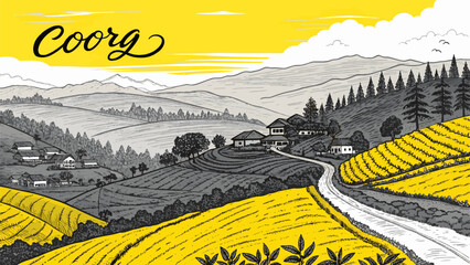 Coorg Nature Landscape with Coffee Estates, Abbey Falls, and Buddhist Monastery &ndash; Ideal for Travel Ads, Banners and Tourism Content