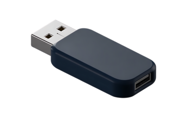 Realistic 3d render of a modern metallic usb flash drive with a dark blue casing and usb-c port