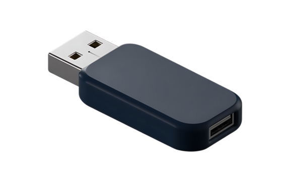 Realistic 3d render of a modern metallic usb flash drive with a dark blue casing and usb-c port