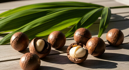 Close-up of fresh macadamia nuts and a green leaf on a wooden surface