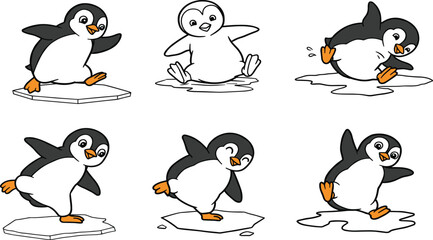 Cartoon penguins on ice, playful winter animals, cute arctic characters, sliding, dancing, sitting, expressive poses, fun illustration, stock vector, isolated set