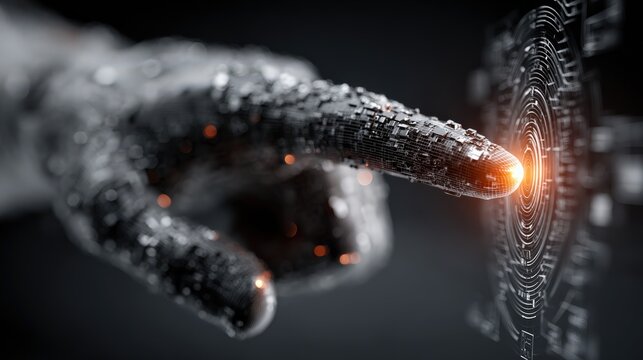 An advanced robotic hand interacts with a futuristic digital interface, showcasing cutting-edge technology and human-machine collaboration. ..Created with Generative AI, not depicting real subjects.