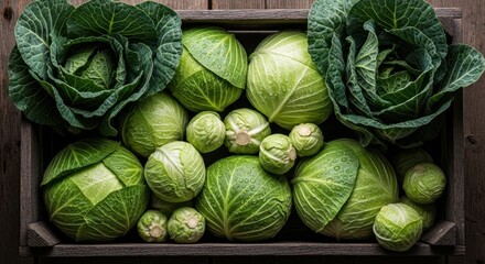 Assortment of fresh green cabbages in a weathered wooden crate, top down view.