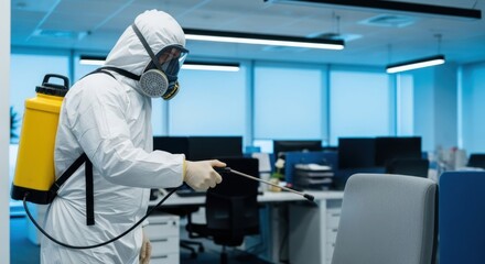 Technician in hazmat suit with respirator mask performing disinfection and cleaning in office