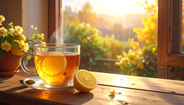 A steamy glass of citrus tea sits on a wooden table near an open window, overlooking a bright, sunny garden - Powered by Adobe