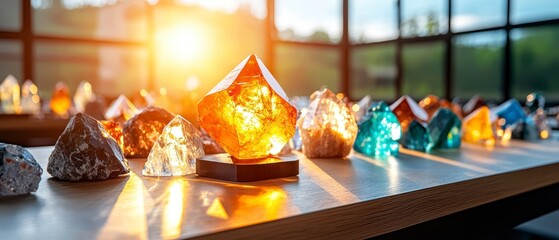 Collection of Colorful Crystals Illuminated by Sunset