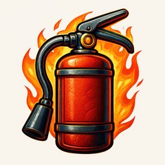 Red fire extinguisher with flames safety protection