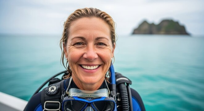 Happy middle aged woman scuba diver smiling in wetsuit with ocean and island background - Powered by Adobe