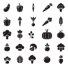 Collection of fresh organic vegetables and produce icons in a simple black and white graphic design