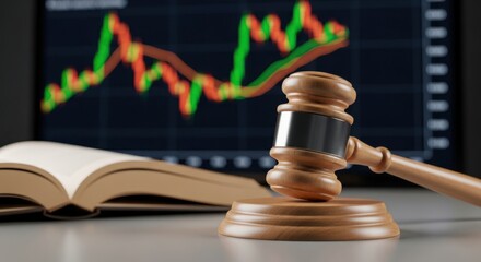 Judge gavel and open book with stock market chart symbolizing financial law