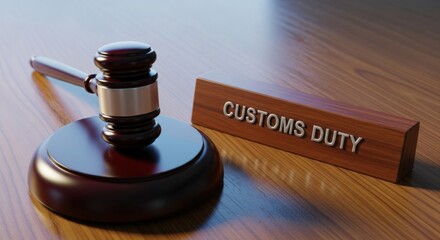 Wooden gavel and customs duty sign on a polished desk symbolizing trade law and regulations