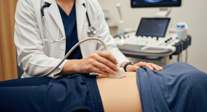 Medical doctor performing an abdominal ultrasound examination on a patient in a hospital