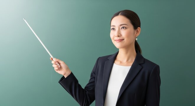 Smiling asian woman teacher in blazer holding a pointer stick against a green background - Powered by Adobe