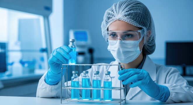 Female scientist in a sterile laboratory examining vials with blue liquid for medical research