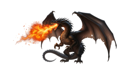 dragon spitting fire white background isolated on white background