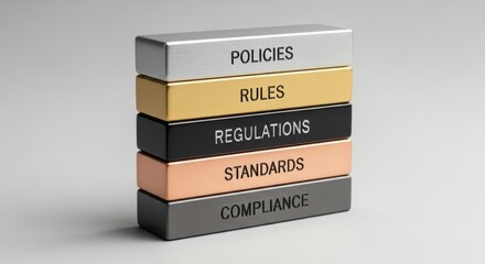 Policies, rules, regulations, standards, and compliance concepts on stacked metallic blocks