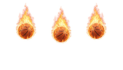flaming basketballs falling on white background isolated on white background