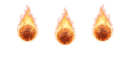 flaming basketballs falling on white background isolated on white background